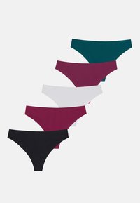 Cinci perechi de chiloți din bumbac elastic în nuanțele negru, alb, burgund, teal și bleumarin, cu un design fără cusături și fără elemente vizibile.