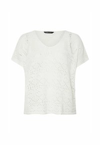 Top blanco de punto de manga corta con un corte holgado, escote redondeado y un patrón de textura calada con formas de diamantes.
