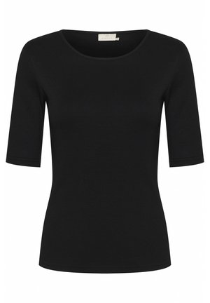 Haut noir à manches courtes et col rond, fabriqué dans un matériau doux et extensible avec une texture lisse et un design ajusté.