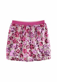 Pailletten-Minirock mit einem rosa elastischen Bund, der metallisch silberne, rosa und lila Blumenmuster aufweist. Weicher und strukturierter Stoff.