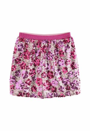 Sequined mini skirt with a pink elastic waistband, featuring metallic silver, pink, and purple floral patterns throughout. Soft and textured fabric.