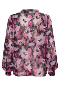Gennemsigtig bluse med lange ærmer i pink, lilla og sort abstrakt blomsterdesign og smockede manchetter, vist fra bagsiden.