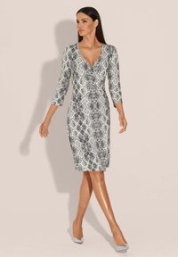 Schwarz-weißer Schlangenprint-Kleid mit V-Ausschnitt, Dreiviertelärmeln und taillierter Passform, kombiniert mit silbernen, geschlossenen High Heels.