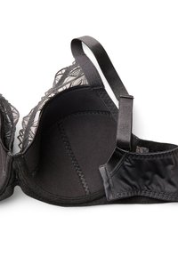 Sort polstret bh med justerbar strop og blondekantdetalje, vist fladt på hvid baggrund.