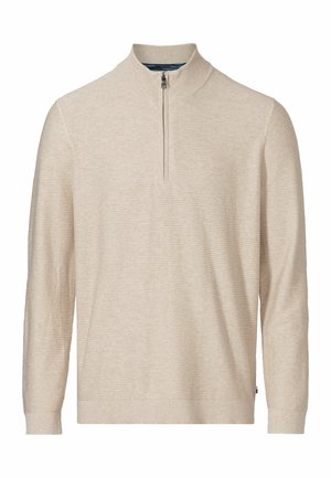 Maglione leggero beige chiaro con zip quart, caratterizzato da un colletto a coste, strisce testurizzate e maniche lunghe. Materiale in maglia morbida.