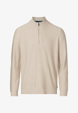 Hellbeige Pullover mit einem Viertelreißverschluss, ausgestattet mit einem gerippten Kragen, strukturierten Streifen und langen Ärmeln. Aus weichem Strickmaterial.