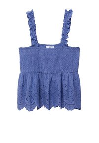 Haut bleu sans manches avec corsage smocké, bretelles à volants et design à étages. Broderie ajourée à l'ourlet offrant une texture détaillée.