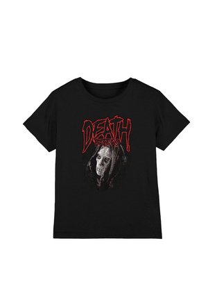 Black t-shirt with a skull-faced figure wearing a hood and red text above reading "DEATH EATERS" in a jagged font.