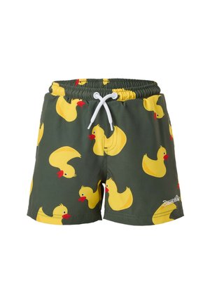 Dark green swim shorts with an elastic waistband and white drawstring, patterned with multiple yellow rubber ducks with red beaks.