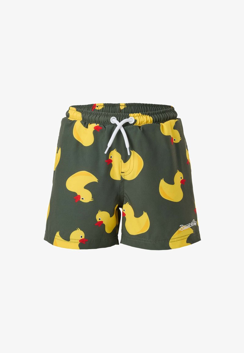 Shorts de bain vert foncé avec une ceinture élastique et un cordon blanc, ornés de multiples canards en caoutchouc jaunes avec un bec rouge.