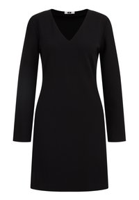 Czarna sukienka z dekoltem w serek i długimi rękawami, wykonana z gładkiego materiału. Prosty, dopasowany krój z długością do kolan.