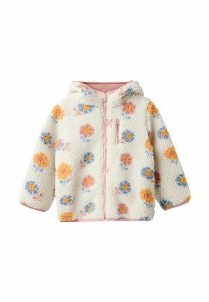 Weißer Fleece-Jacke mit einer weichen Textur, floralem Muster in Blau, Orange und Pink sowie einem pinken Reißverschluss und Futter. Mit Kapuze.
