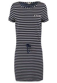 Robe à manches courtes rayée horizontale bleu marine et blanc, col rond, petite poche poitrine et cordon bleu marine à la taille.