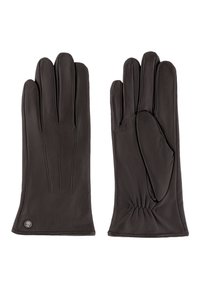 Schwarze Lederhandschuhe mit langen Fingern, drei dekorativen Nähten, gerüschtem Handgelenk und einem kleinen Logo-Detail am Bündchen.