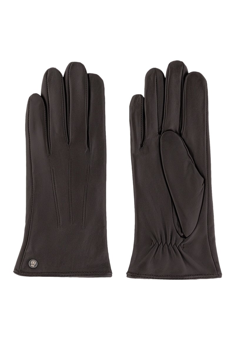 Schwarze Lederhandschuhe mit langen Fingern, drei dekorativen Nähten, gerüschtem Handgelenk und einem kleinen Logo-Detail am Bündchen.