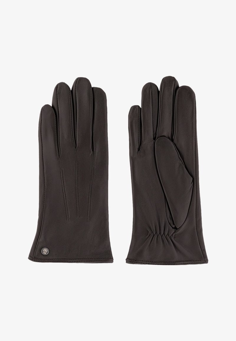 Schwarze Lederhandschuhe mit langen Fingern, drei dekorativen Nähten, gerüschtem Handgelenk und einem kleinen Logo-Detail am Bündchen.