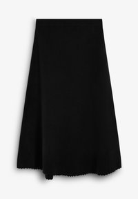 Falda negra en línea A hecha de tela suave. Cuenta con una pretina y un detalle de dobladillo festoneado, ofreciendo una silueta suave.