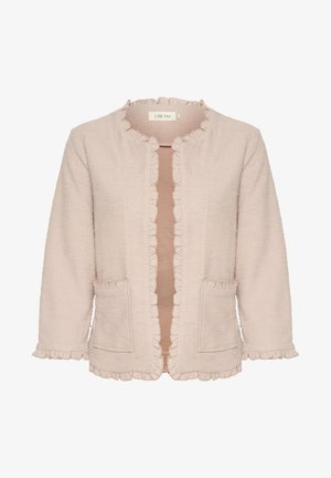 Giacca in rosa chiaro texturizzato con rifiniture a volant, apertura frontale e due tasche anteriori. Tessuto morbido, vestibilità rilassata e design senza colletto.