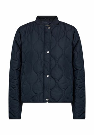 Veste matelassée bleu marine à manches longues, fermeture à bouton-pression à l'avant et col côtelé.