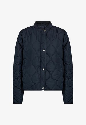 Geacă matlasată albastru marin cu mâneci lungi, închidere frontală cu capse și guler striat.