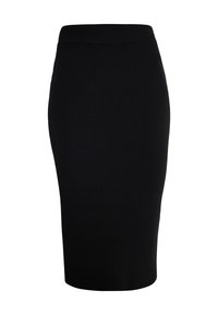 Zwarte geribbelde midi-rok met een aangesloten silhouet, voorzien van een elastische tailleband en een gladde textuur. Geen zichtbare patronen of bevestigingsmiddelen.