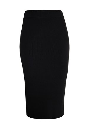 Juodas raukšlėtas midi sijonas su prigludusia siluetu, turintis elastinę juosmenį ir lygų paviršių. Be matomų raštų ar metalinių detalių.