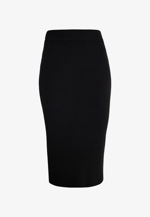 Zwarte geribbelde midi-rok met een aangesloten silhouet, voorzien van een elastische tailleband en een gladde textuur. Geen zichtbare patronen of bevestigingsmiddelen.