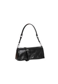 Black leather handbag with a structured rectangular shape, silver hardware, and a detachable shoulder strap. Textured surface detail.