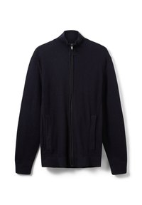 Marineblaue gerippte Strickjacke mit hohem Kragen, durchgehendem Reißverschluss und zwei vorderen Taschen. Hergestellt aus strukturiertem Stoff mit langen Ärmeln und einer lockeren Passform.