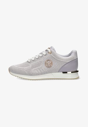 Light gray athletic shoe with a knitted texture, rounded shape, white laces, metallic accents, and a logo detail on the side.