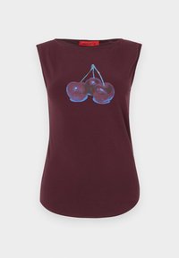 Burgundy sleeveless top made of soft cotton, featuring a graphic of three cherries in blue with a smooth texture and curved hemline.