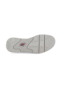 Semelle de basket gris clair avec une surface texturée, présentant des rainures et des motifs en relief pour une meilleure adhérence. Logo de la marque visible au centre.