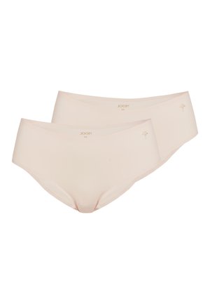 Zwei beige nahtlose Damen-Hipster-Slips mit kleinem "JOOP! M" Text und Logo nahe dem Bund bedruckt.