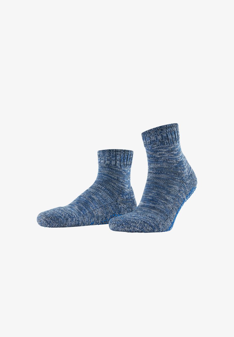 Paire de socquettes bleu chiné avec bord-côtes, présentée sur fond blanc.