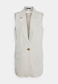 Ärmlös beige blazerväst med breda slag, en enda brun knapp stängning och två framfickor med lock.