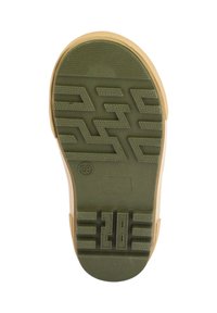 Semelle en caoutchouc plate avec un motif texturé vert, bord supérieur beige. Taille marquée comme 28 sur le côté. Convient à diverses surfaces.