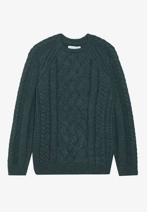 Dark green knitted sweater with a cable knit design, featuring textured patterns and ribbed cuffs and hem. Classic crew neck style.