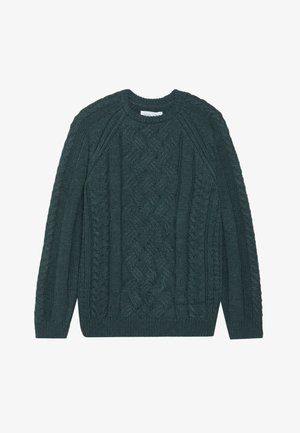 Dunkelgrüner Strickpullover mit einem Zopfmusterdesign, das strukturierte Muster sowie gerippte Bündchen und Saum aufweist. Klassischer Rundhalsausschnitt-Stil.