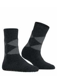 Schwarz- und graumusterte Socken mit gerippter Textur, die ein Argyle-Muster aufweisen, knöchelhoch sind und über rutschfeste gummierte Sohlelemente verfügen.