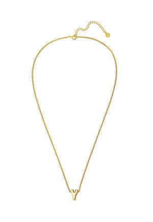Guldfarvet kædedesign med et delikat, fint ringsystem. Har en abstrakt, struktureret vedhæng formet som bogstavet "Y." Justerbar længde.