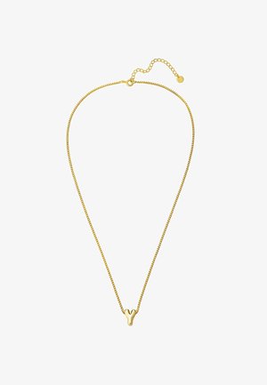 Guldfarvet kædedesign med et delikat, fint ringsystem. Har en abstrakt, struktureret vedhæng formet som bogstavet "Y." Justerbar længde.