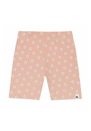 Jasnoróżowe elastyczne spodenki z małymi białymi i czarnymi kwiatowymi wzorami oraz elastycznym pasem, zaprojektowane dla dzieci.