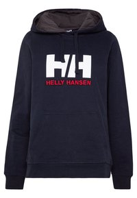 Marinblå hoodie i mjukt tyg, med en stor vit "HH" logotyp och röd text "HELLOY HANSEN". Justerbar dragsko i huvan och framficka.