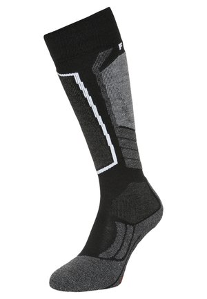 Calzini neri e grigi con sezioni imbottite, tessuto testurizzato e accenti bianchi. Presentano un bordo a coste e supporto elastico per l'arco.