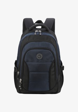 Zaino nero e blu scuro con più scomparti con cerniera, spallacci imbottiti, tasche laterali in rete e maniglia superiore per il trasporto.