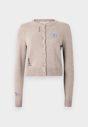 Beige cropped cardigan with round neck, button front, and small embroidered nautical motifs including anchor, lighthouse, and leaves.