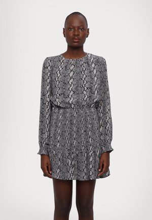 Gray and black snake-print dress with long sleeves, round neckline, gathered waist, and a flared hem. Smooth fabric with a soft texture.