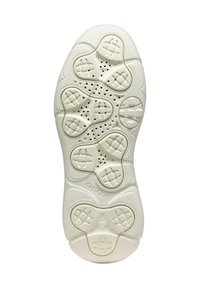 Soletta di scarpa in gomma bianca con un design ondulato, caratterizzata da sezioni a motivi in rilievo e fori di ventilazione. Contrassegnata con il marchio "GEOX".