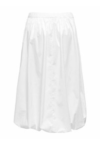 Vit knälång kjol med elastisk midja, slät textur och draperad design, med en svängd siluett och inga synliga sömmar.