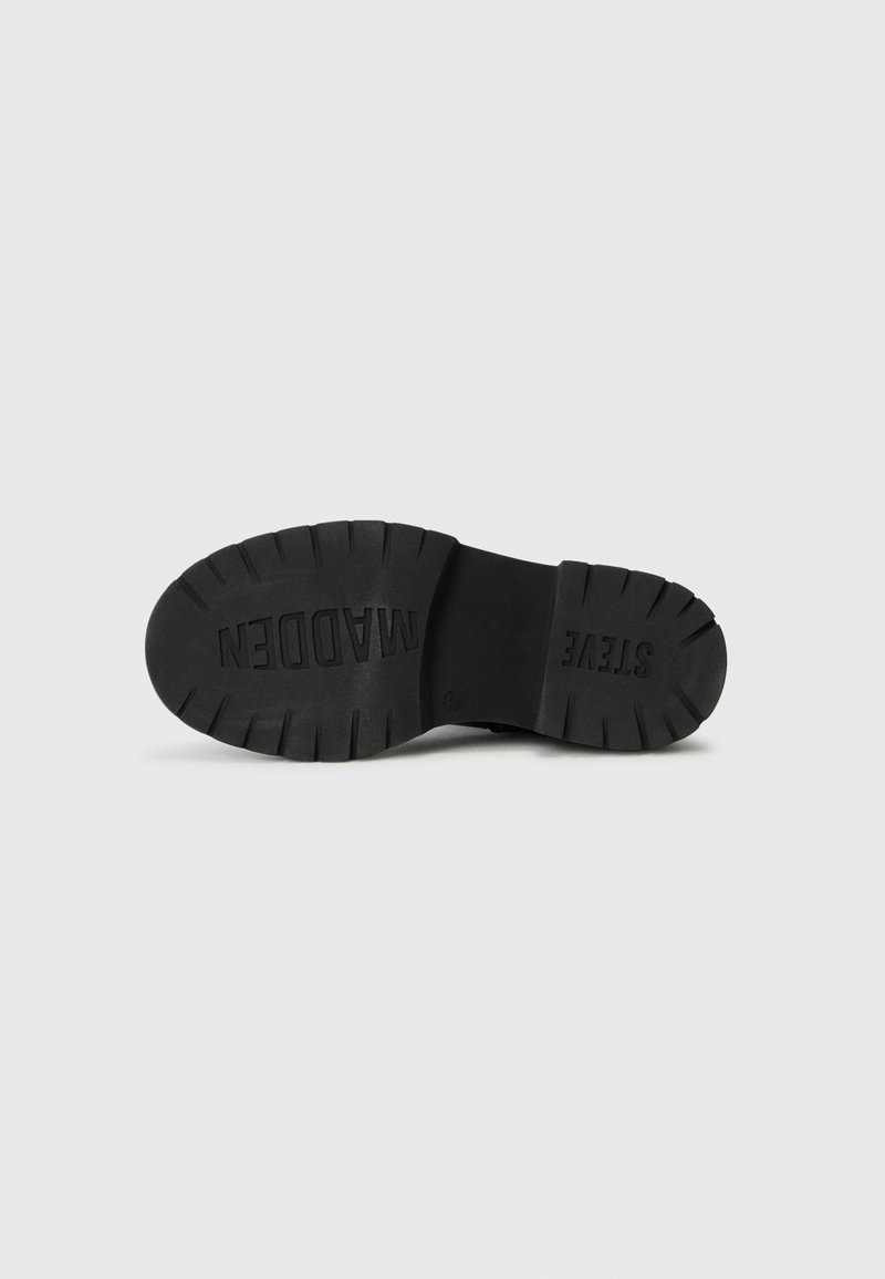 Czarny spód buta z głębokimi rowkami oraz wyembossowanym napisem "STEVE MADDEN" w obszarach pięty i palców, wyeksponowany na płaskim białym tle.